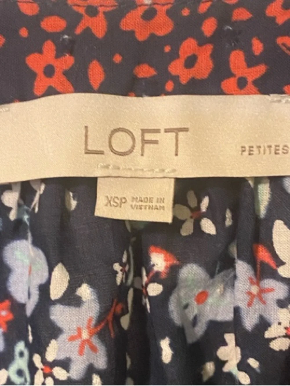 LOFT Navy and Red Patchwork Floral Blouse